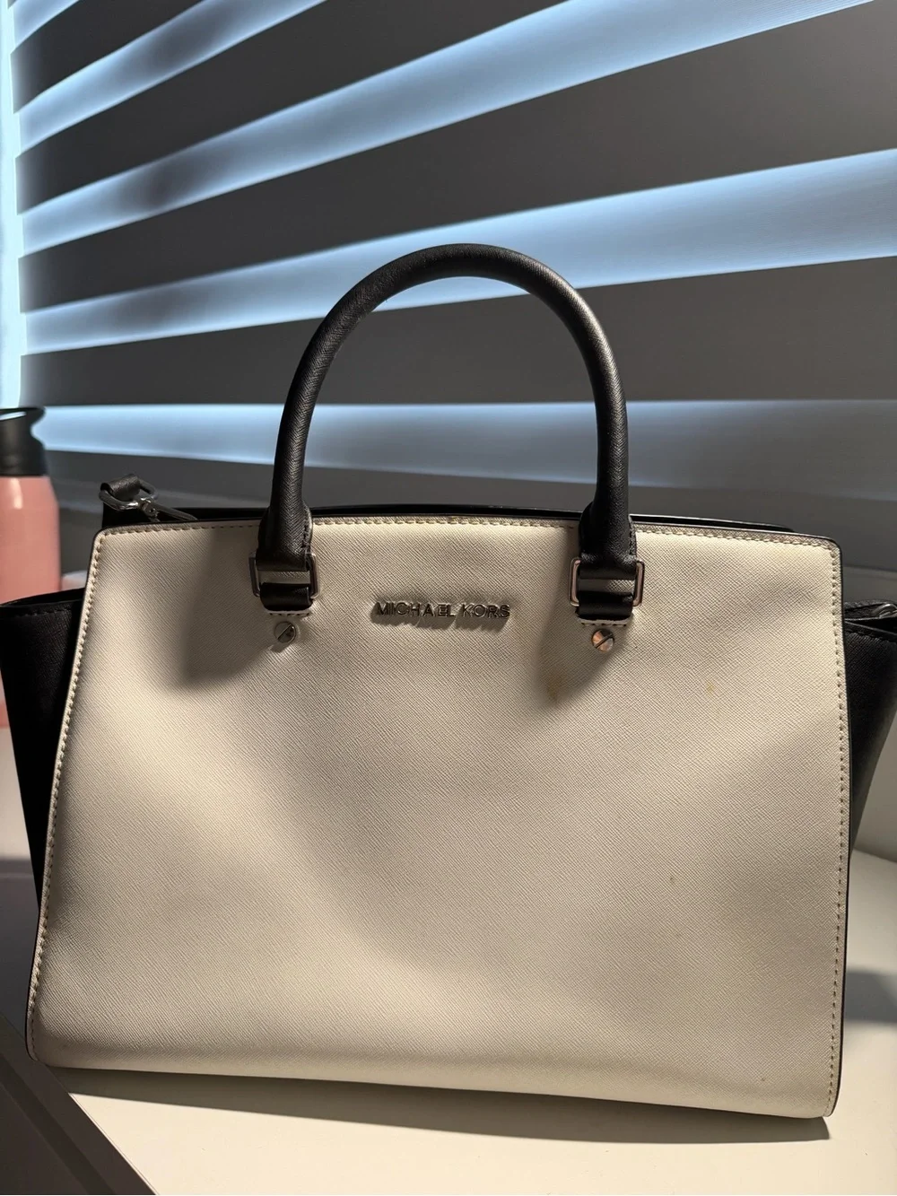 Michael Kors White & Black Saffiano Leather Satchel Shoulder Bag